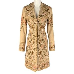 Biya Johnny Was 100% Silk Embroidered Western Boho Duster Coat Beige XS